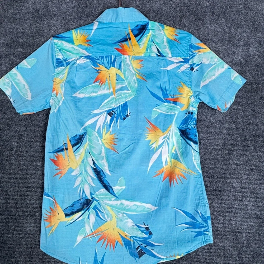 O'Neill Mens Large Blue Tropical Bird of Paradise Short Sleeve Button Down Shirt